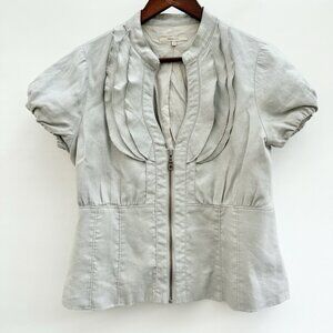 RW & CO Women’s Vintage Grey Jacket Short Sleeve Ruffled Collar 100% Ramie Large